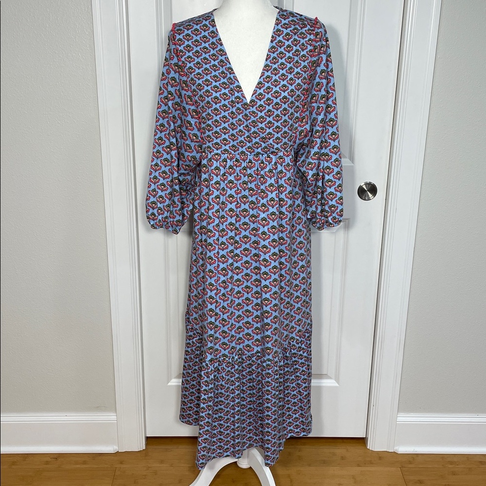 Boden Anita Jersey Midi Dress Size 10 Dusty Blue Oriental Meadow V Neck - Picture 5 of 16